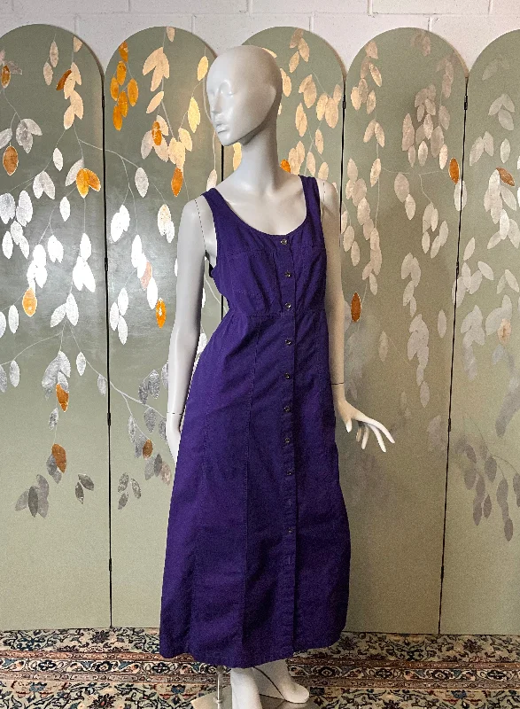 Vintage 1990s Purple Cotton Button-Up Maxi Dress, Large Comfortable Plunging Neckline Maxi Dress Vintage 1990s Purple Cotton Button-Up Maxi Dress, Large Comfortable Plunging Neckline Maxi Dress