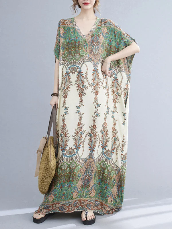 Zjkrl - Vintage Floral Printed V-Neck Batwing Sleeves H-Line Maxi Dress Elegant Tiered Maxi Dress Zjkrl - Vintage Floral Printed V-Neck Batwing Sleeves H-Line Maxi Dress Elegant Tiered Maxi Dress