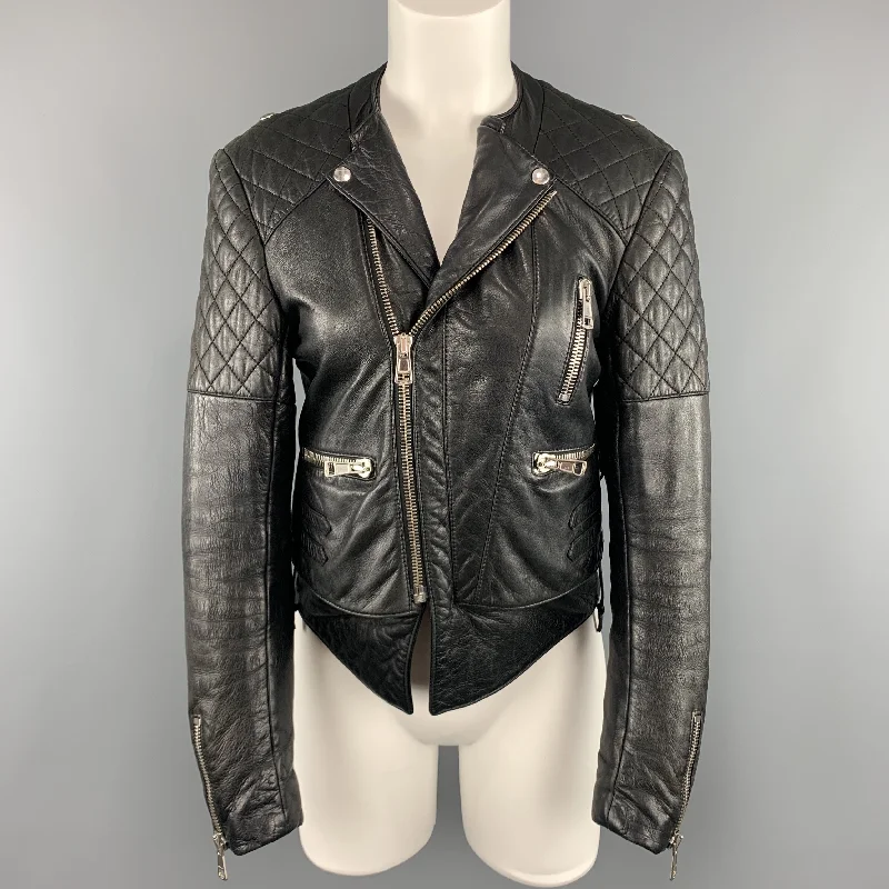 BALENCIAGA Size 8 Black Quilted Leather Biker Moto Jacket Fitted Jacket Loose Jacket Oversized Jacket BALENCIAGA Size 8 Black Quilted Leather Biker Moto Jacket Fitted Jacket Loose Jacket Oversized Jacket