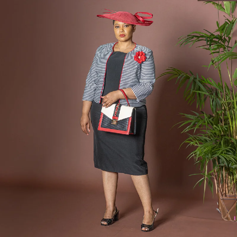 Black and White Striped Dress and Jacket Set w/Red Accents Notch Collar Peter Pan Collar Cowl Neck Black and White Striped Dress and Jacket Set w/Red Accents Notch Collar Peter Pan Collar Cowl Neck
