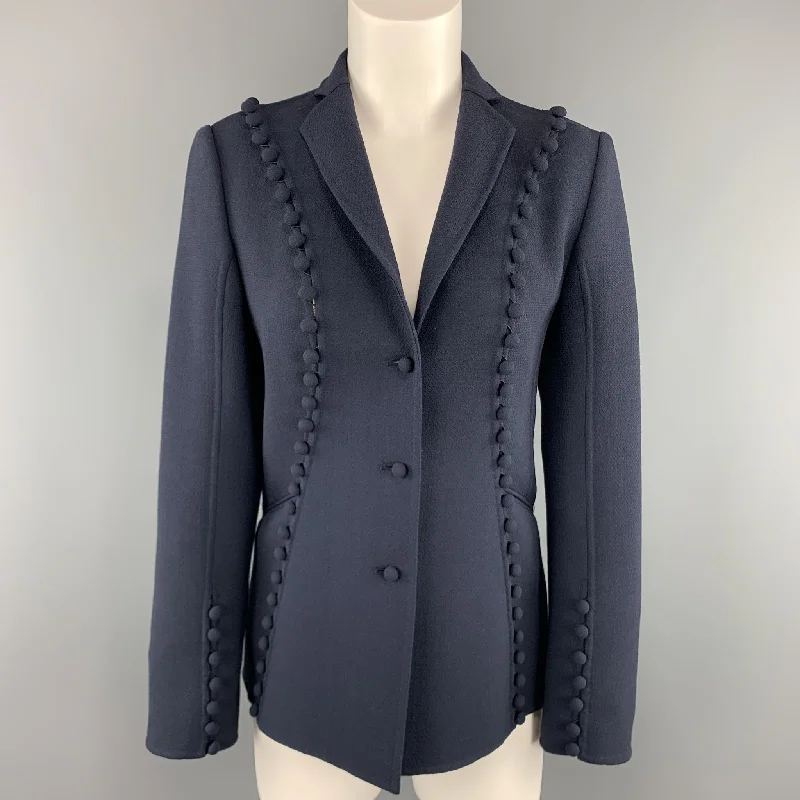 CHADO RALPH RUCCI Size 2 Navy Crepe Wool Button Trim Notch Lapel Jacket Print Jacket Jacquard Jacket Patchwork Jacket CHADO RALPH RUCCI Size 2 Navy Crepe Wool Button Trim Notch Lapel Jacket Print Jacket Jacquard Jacket Patchwork Jacket