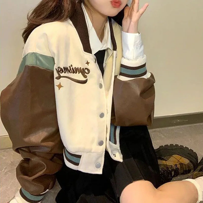 Getadme-Y2k Harajuku Cropped Leather Jackets Oversized Coat Baseball Jacket Women Korean Fashion Streetwear Letter Print Sweet Boat Neck Shawl Collar Notched Collar Getadme-Y2k Harajuku Cropped Leather Jackets Oversized Coat Baseball Jacket Women Korean Fashion Streetwear Letter Print Sweet Boat Neck Shawl Collar Notched Collar