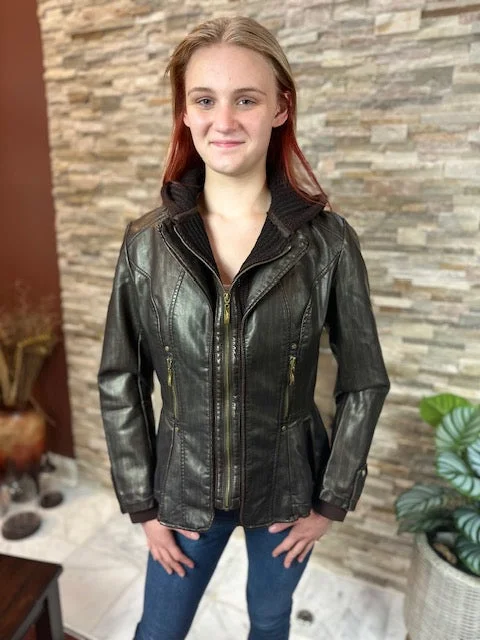 Faux leather Jacket with knit Cap - (801108)-BRN/CHOCO Elasticated Jacket Padded Jacket Insulated Jacket Faux leather Jacket with knit Cap - (801108)-BRN/CHOCO Elasticated Jacket Padded Jacket Insulated Jacket