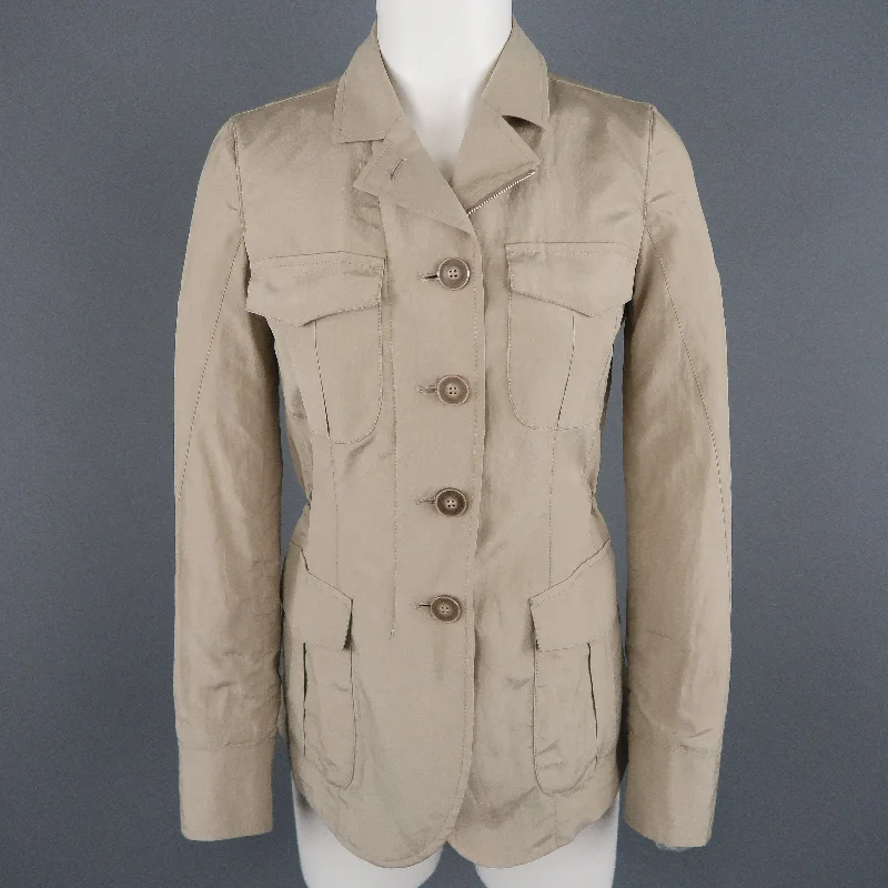 GIORGIO ARMANI Size 2 Khaki Silk Blend Safari Jacket Striped Jacket Polka Dot Jacket Floral Jacket GIORGIO ARMANI Size 2 Khaki Silk Blend Safari Jacket Striped Jacket Polka Dot Jacket Floral Jacket