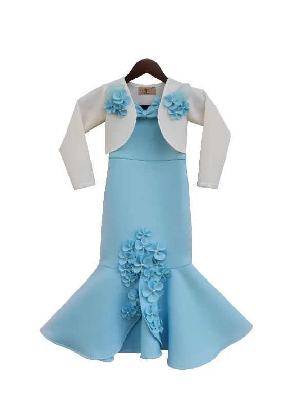 Girls Blue Neoprene Fish Cut Dress With Jacket Tailored Jacket Straight Jacket A-Line Jacket Girls Blue Neoprene Fish Cut Dress With Jacket Tailored Jacket Straight Jacket A-Line Jacket