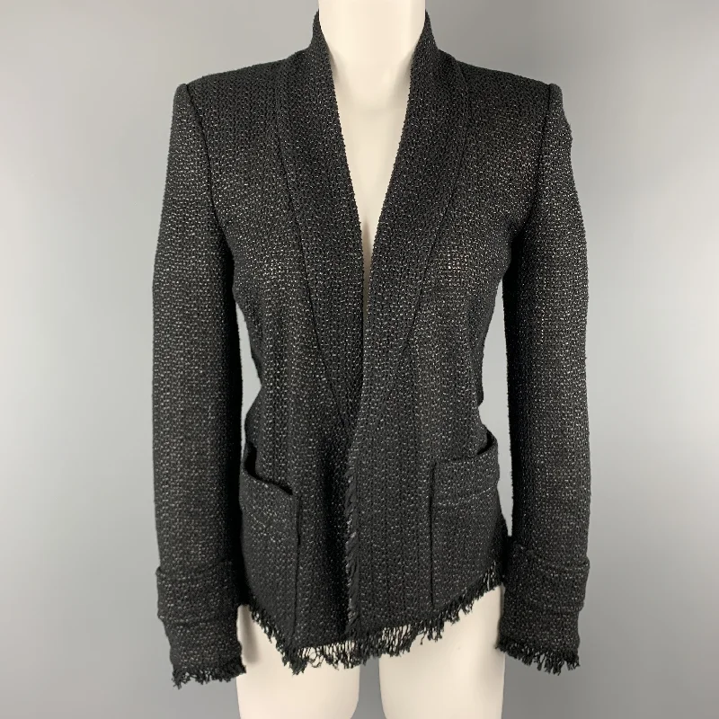 ISABEL MARANT Size 4 Black Tweed Open Front Fringe Jacket V-Neck Jacket Boat Neck Jacket Square Neck Jacket ISABEL MARANT Size 4 Black Tweed Open Front Fringe Jacket V-Neck Jacket Boat Neck Jacket Square Neck Jacket