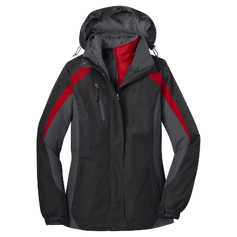 Port Authority Women's Black/Magnet Grey/Signal Red Colorblock 3-in-1 Jacket Jersey Jacket Tulle Jacket Batik Jacket Port Authority Women's Black/Magnet Grey/Signal Red Colorblock 3-in-1 Jacket Jersey Jacket Tulle Jacket Batik Jacket