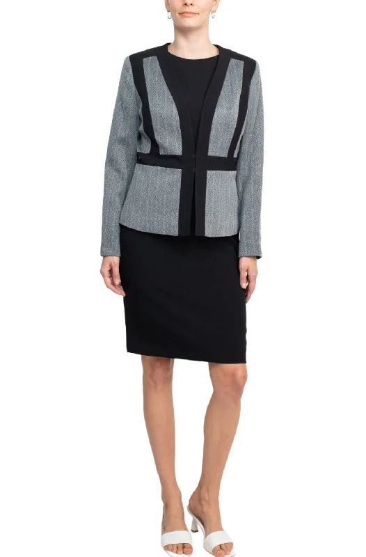 Le Suit Boat Neck Sleeveless Solid Zipper Back Short Crepe Dress with Melange Herringbone Framed Cardi Jacket (Two Piece) Jacket Blazer Coat Le Suit Boat Neck Sleeveless Solid Zipper Back Short Crepe Dress with Melange Herringbone Framed Cardi Jacket (Two Piece) Jacket Blazer Coat