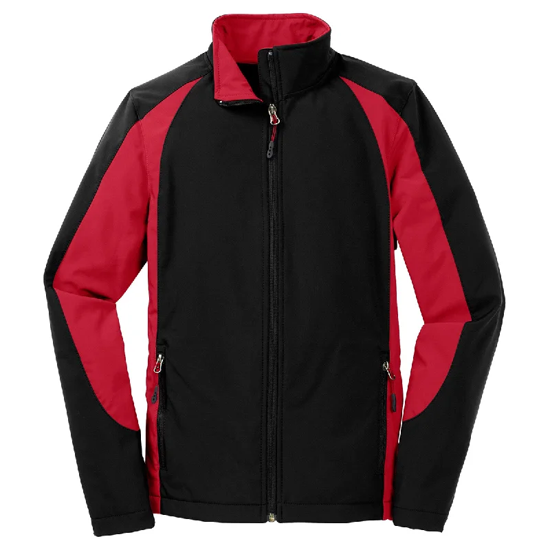 Sport-Tek Women's Black/True Red Colorblock Soft Shell Jacket Tiered Jacket Buttoned Jacket Zippered Jacket Sport-Tek Women's Black/True Red Colorblock Soft Shell Jacket Tiered Jacket Buttoned Jacket Zippered Jacket