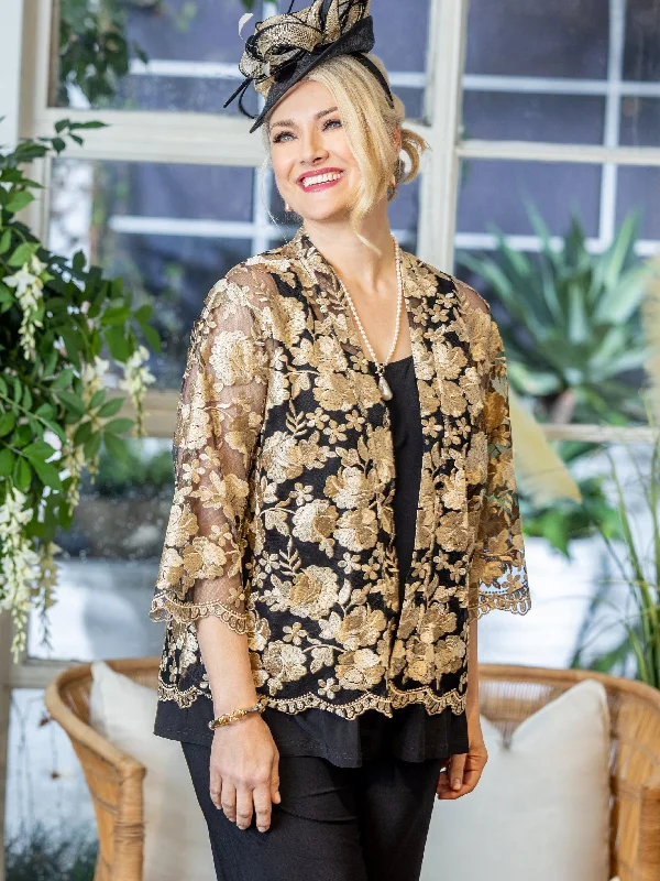 Golden Lace Collarless Evening Jacket Elasticated Jacket Padded Jacket Insulated Jacket Golden Lace Collarless Evening Jacket Elasticated Jacket Padded Jacket Insulated Jacket