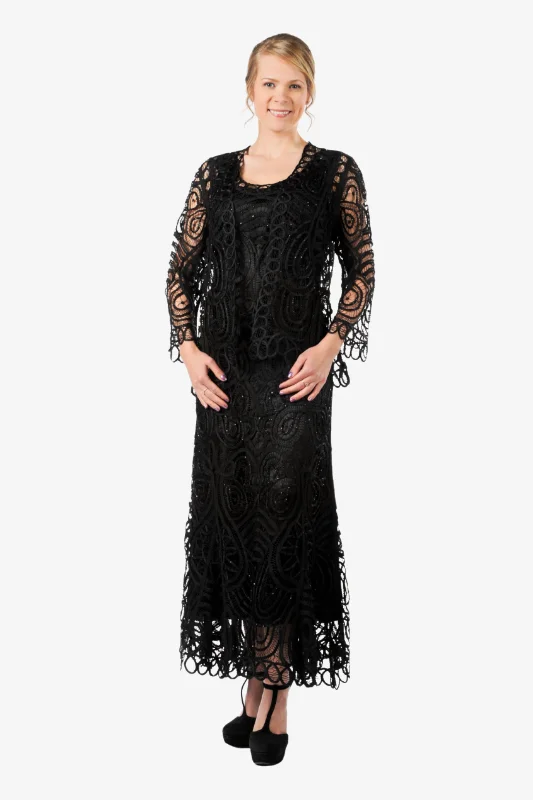 Soulmates D7052 Hand Crocheted Lace Evening Mother of Groom Dress with Jacket Set Notch Collar Peter Pan Collar Cowl Neck Soulmates D7052 Hand Crocheted Lace Evening Mother of Groom Dress with Jacket Set Notch Collar Peter Pan Collar Cowl Neck