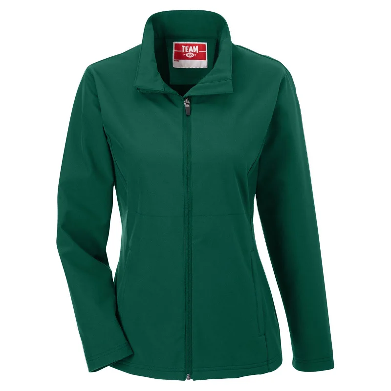 Team 365 Women's Sport Dark Green Leader Soft Shell Jacket Boat Neck Shawl Collar Notched Collar Team 365 Women's Sport Dark Green Leader Soft Shell Jacket Boat Neck Shawl Collar Notched Collar