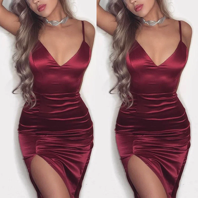 New Women Summer Split Dress Sexy Fashion Party Club V Neck Spaghetti Strap Satin Women Bodycon Sleeveless Short Mini Dress Cozy Ribbed Mini Dress New Women Summer Split Dress Sexy Fashion Party Club V Neck Spaghetti Strap Satin Women Bodycon Sleeveless Short Mini Dress Cozy Ribbed Mini Dress