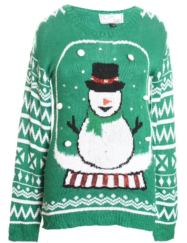 Green & White Snowman Design Knit Jumper - L Solid Print Embellished