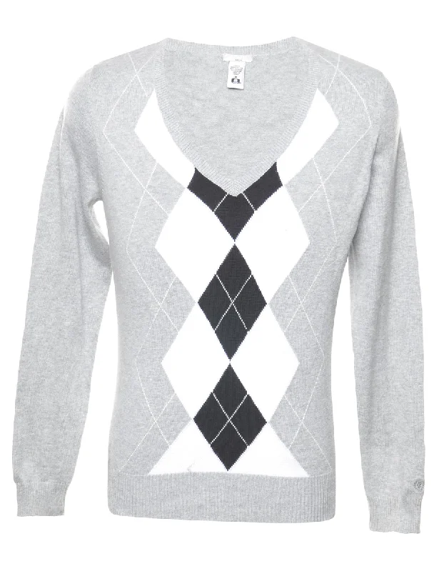 Izod Argyle Grey Jumper - M Tailored Straight A-Line