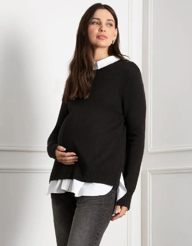 Knit Maternity & Nursing Jumper with Woven Shirt - Black Zippered Front Buttoned Front Snap Front Knit Maternity & Nursing Jumper with Woven Shirt - Black Zippered Front Buttoned Front Snap Front