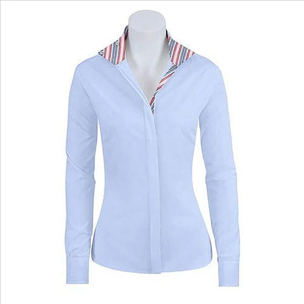 L413C RJ Classics Ladies Prix Hunter/Jumper Long Sleeve Show Shirt Blue w/Stripe Trim Soft Cozy Warm L413C RJ Classics Ladies Prix Hunter/Jumper Long Sleeve Show Shirt Blue w/Stripe Trim Soft Cozy Warm