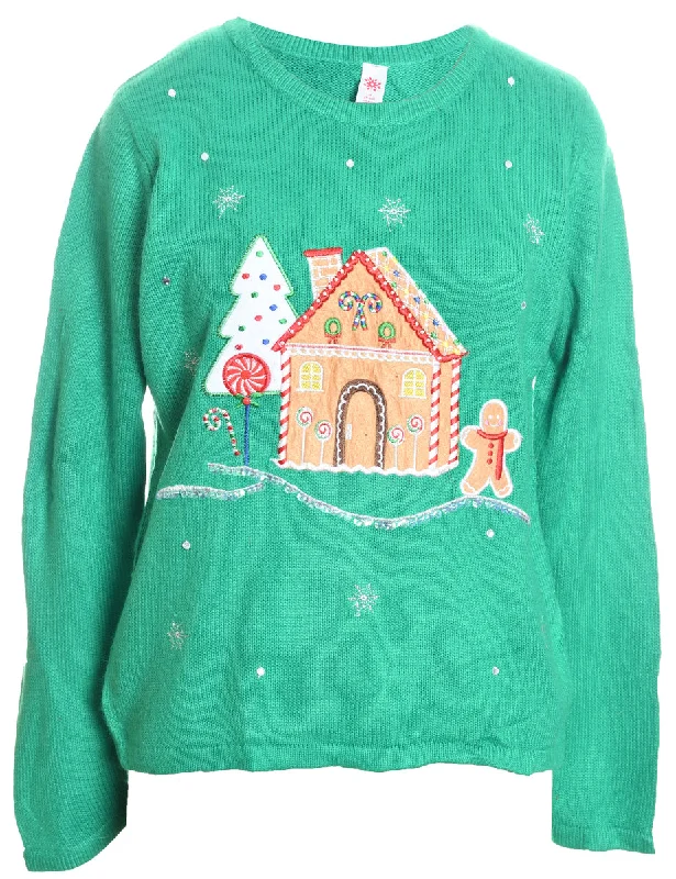 Light Green Knit Gingerbread Design Christmas Jumper - M Wool Fabric Cashmere Fabric Tweed Fabric Light Green Knit Gingerbread Design Christmas Jumper - M Wool Fabric Cashmere Fabric Tweed Fabric