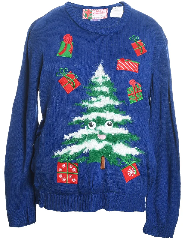 Navy Tree Design Christmas Jumper - L Stretchy Elastic Breathable