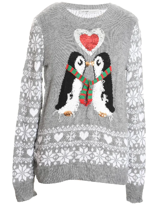 Penquin Design Grey & White Knit Christmas Jumper - M High Neck Crew Neck V-Neck