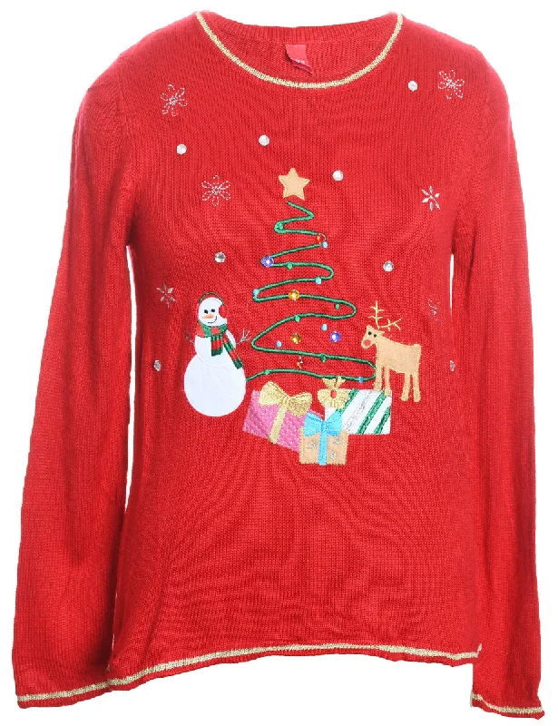 Red Embroidered Christmas Jumper - S Tailored Straight A-Line