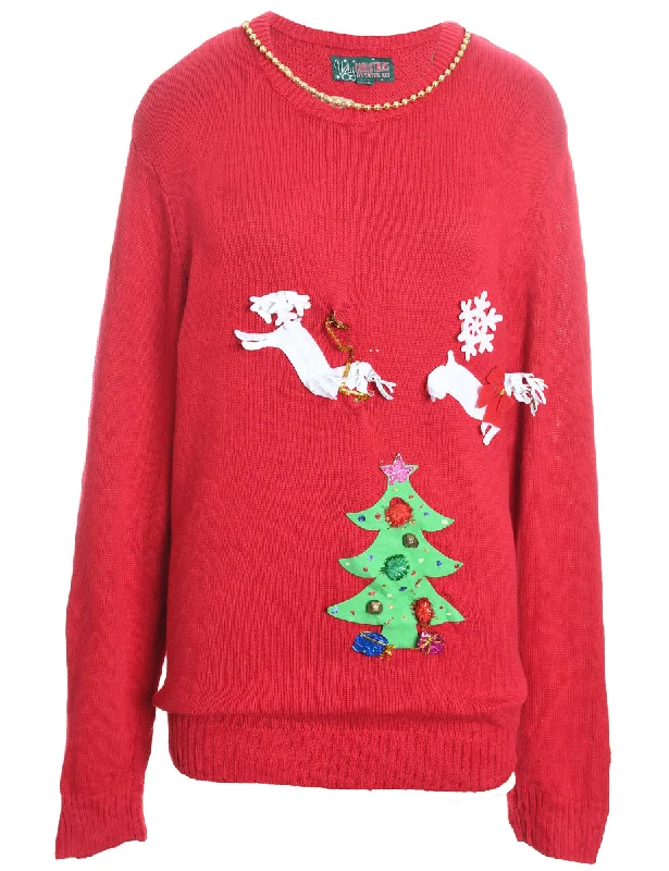 Red Knit Reindeer Design Christmas Jumper - XL Wool Fabric Cashmere Fabric Tweed Fabric Red Knit Reindeer Design Christmas Jumper - XL Wool Fabric Cashmere Fabric Tweed Fabric