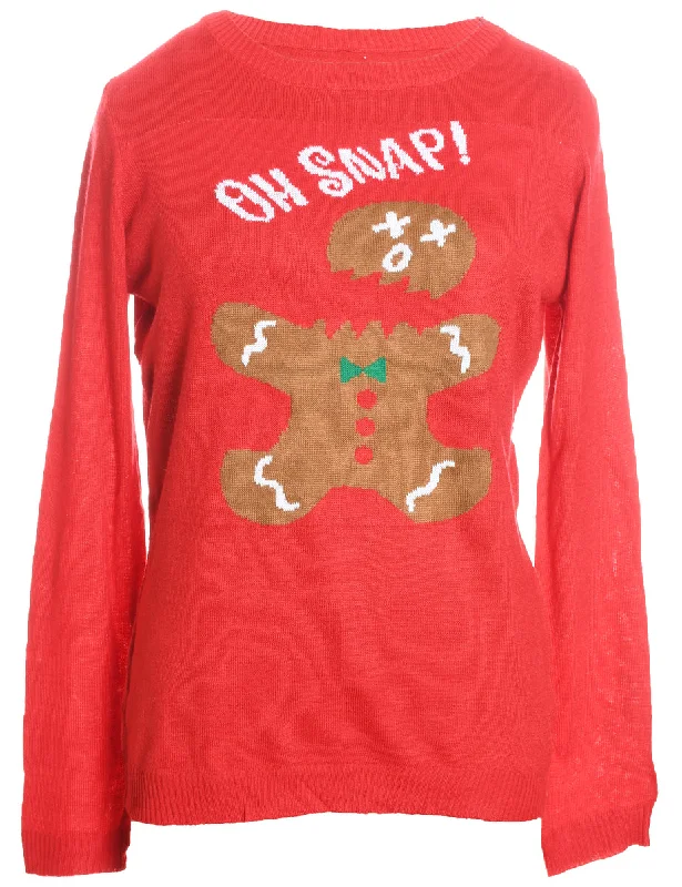 Red & White Knit Gingerbread Design Christmas Jumper - M Front Pockets Side Pockets Patch Pockets Red & White Knit Gingerbread Design Christmas Jumper - M Front Pockets Side Pockets Patch Pockets