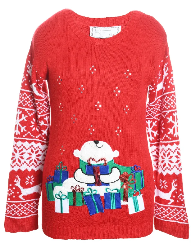 Red & White Polar Bear Design Appliqued Christmas Jumper - M Satin Fabric Silk Fabric Chiffon Fabric Red & White Polar Bear Design Appliqued Christmas Jumper - M Satin Fabric Silk Fabric Chiffon Fabric