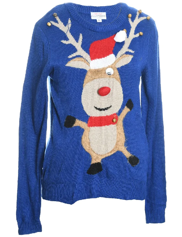Reindeer Design Blue Knit Christmas Jumper - M Hooded Caped Shawl Collar