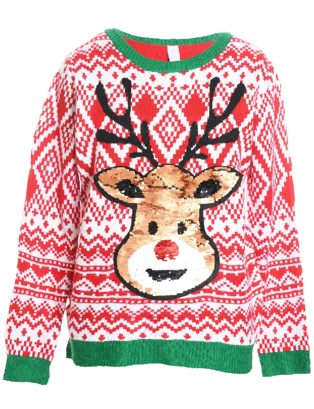 Reindeer Design Red & Green Knit Christmas Jumper - XL Nylon Fabric Polyester Fabric Spandex Fabric Reindeer Design Red & Green Knit Christmas Jumper - XL Nylon Fabric Polyester Fabric Spandex Fabric