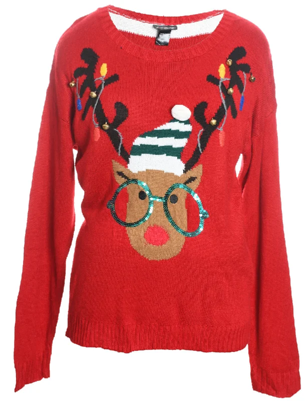 Reindeer Design Red & White Knit Christmas Jumper - XL Polka Dot Checkered Tartan
