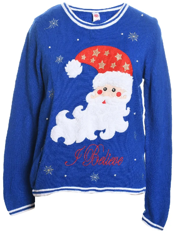 Santa Claus Blue Knit Christmas Jumper - M Fleece Sweater Nylon Polyester