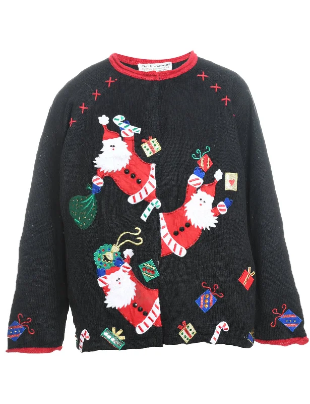 Santa Claus Design Black Appliqued Christmas Jumper - M Jersey Fabric Tulle Fabric Batik Fabric Santa Claus Design Black Appliqued Christmas Jumper - M Jersey Fabric Tulle Fabric Batik Fabric