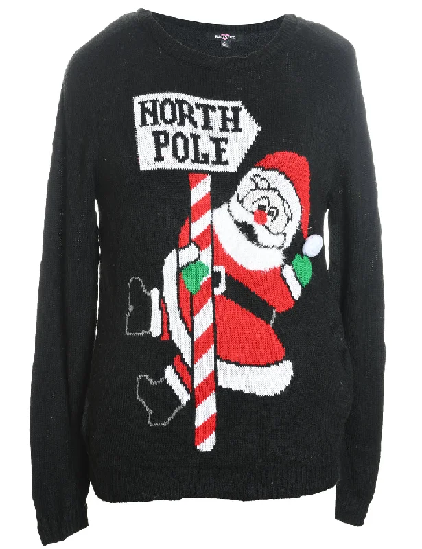 Santa Claus Design Black Knit Christmas Jumper - XL Welt Pockets Slit Pockets Flap Pockets Santa Claus Design Black Knit Christmas Jumper - XL Welt Pockets Slit Pockets Flap Pockets