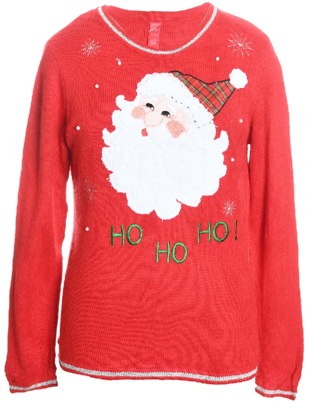 Santa Claus Design Embroidered Red Christmas Jumper - M Hooded Sweater Collared Sweater Shawl Collar Santa Claus Design Embroidered Red Christmas Jumper - M Hooded Sweater Collared Sweater Shawl Collar