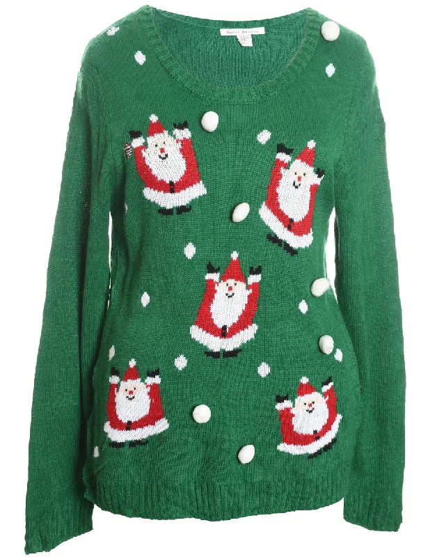 Santa Claus Design Green Knit Christmas Jumper - XL Toggled Drawstring Belted