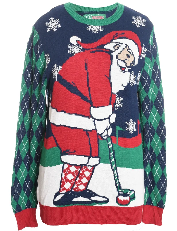 Santa Claus Design Navy & Green Argyle Knit Christmas Jumper - S Mesh Fabric Canvas Fabric Denim Fabric Santa Claus Design Navy & Green Argyle Knit Christmas Jumper - S Mesh Fabric Canvas Fabric Denim Fabric