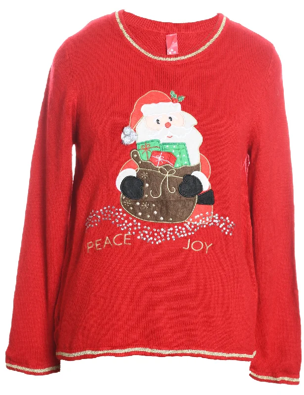 Santa Claus Design Red Embroidered Knit Christmas Jumper - M Hooded Caped Shawl Collar