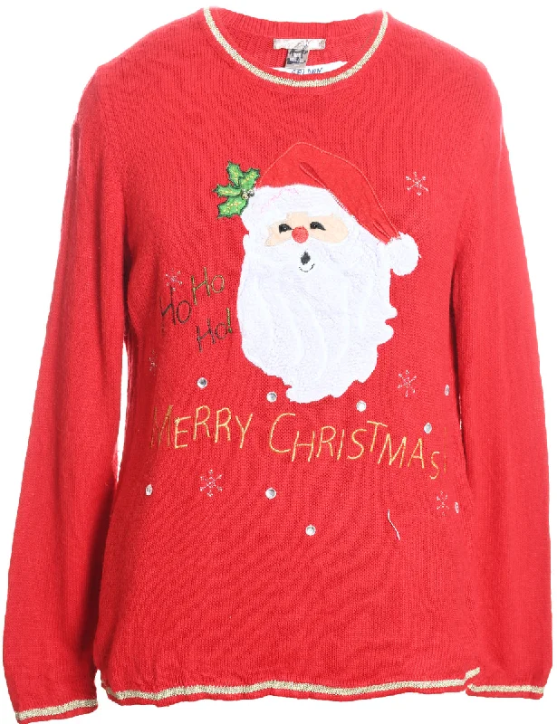 Santa Claus Design Red Embroidered Knit Christmas Jumper - XL Striped Floral Plaid
