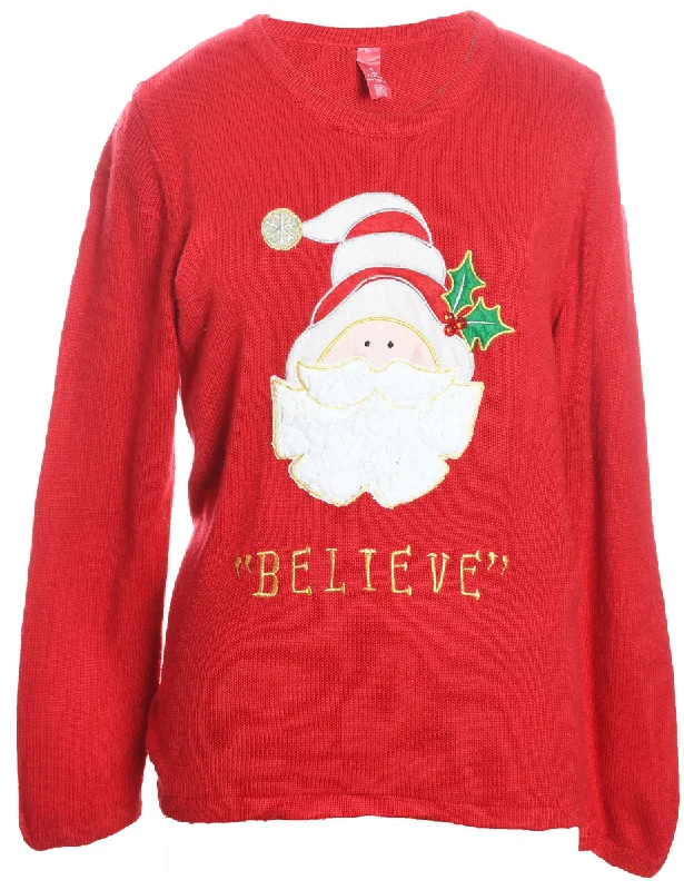 Santa Claus Design Red Knit Christmas Jumper - L Ribbed Striped Patterned