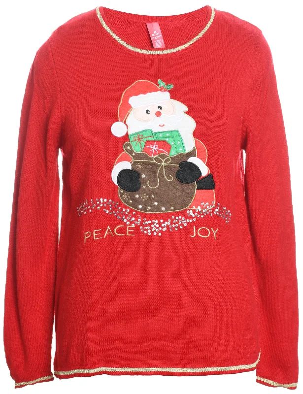 Santa Claus Design Red Knit Christmas Jumper - M Elasticated Padded Insulated