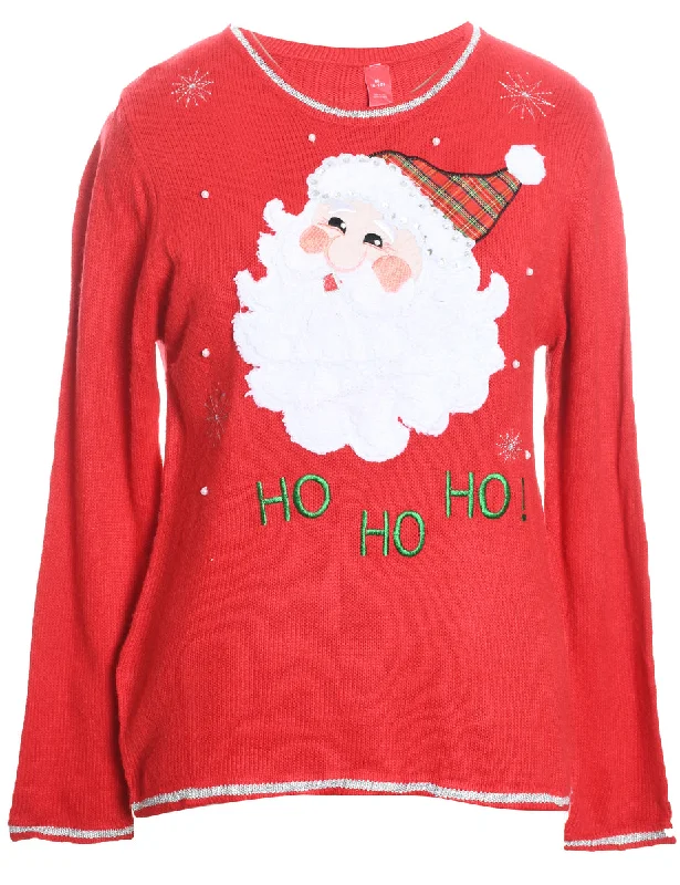 Santa Claus Design Red Knit Christmas Jumper - M Handmade Hand-knitted Hand-woven