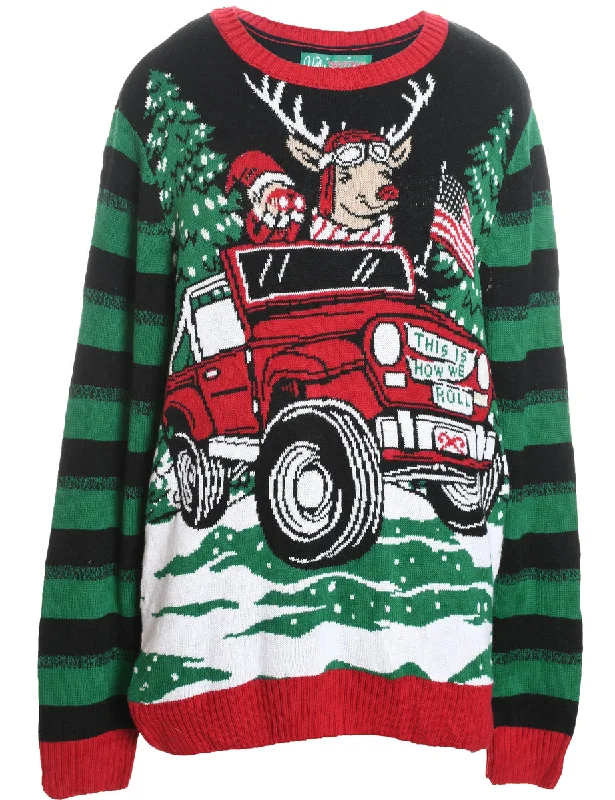 Santa Claus & Reindeer Christmas Jumper - L Zippered Front Buttoned Front Snap Front Santa Claus & Reindeer Christmas Jumper - L Zippered Front Buttoned Front Snap Front