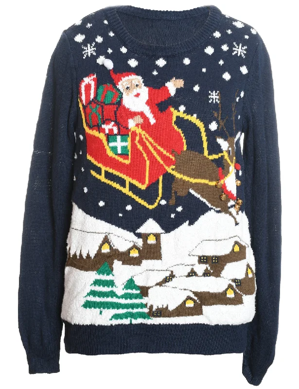 Santa Claus & Reindeer Design Navy Knit Christmas Jumper - M Fleece Fabric Down Fabric Feather Fabric