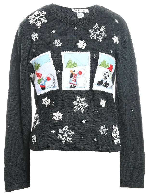 Snowman Design Black Embroidered Christmas Jumper - L Rayon Fabric Velvet Fabric Corduroy Fabric Snowman Design Black Embroidered Christmas Jumper - L Rayon Fabric Velvet Fabric Corduroy Fabric