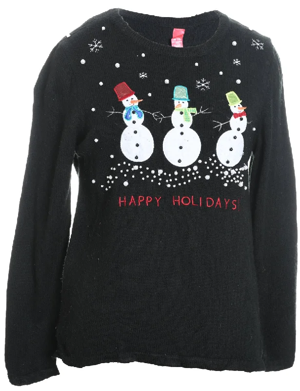 Snowman Design Black Knit Christmas Jumper - M Oversized Loose Flowy