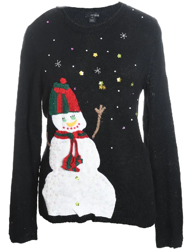 Snowman Design Black Knit Christmas Jumper - M Satin Blend Silk Blend Wool Blend