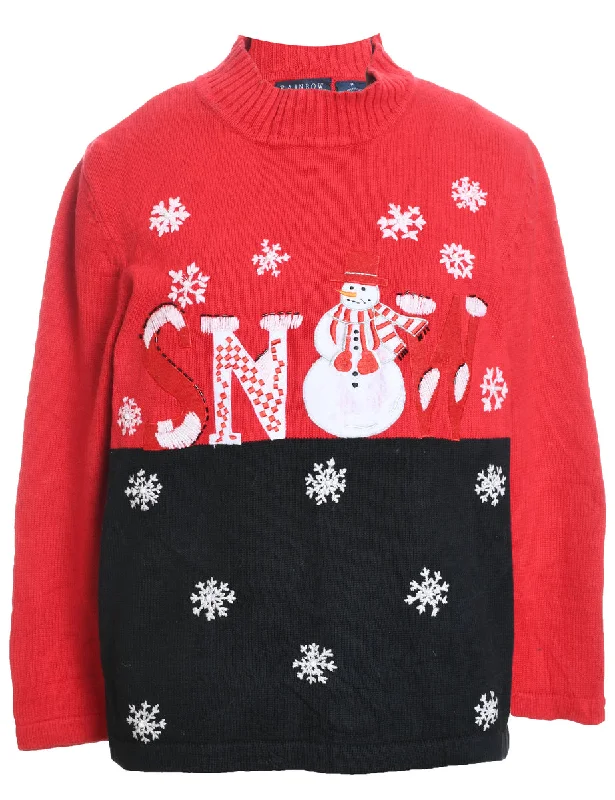 Snowman Design Black & Red Christmas Jumper - M Cable Knit Ribbed Knit Lace Knit