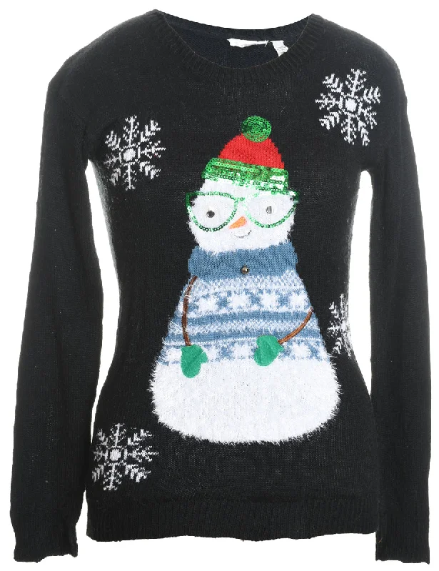 Snowman Design Black Sequined Knit Christmas Jumper - S Houndstooth Herringbone Solid