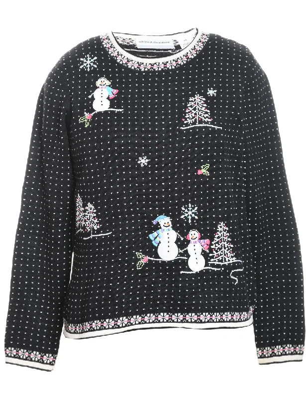 Snowman Design Black & White Embroidered Christmas Jumper - S Welt Pockets Slit Pockets Flap Pockets Snowman Design Black & White Embroidered Christmas Jumper - S Welt Pockets Slit Pockets Flap Pockets